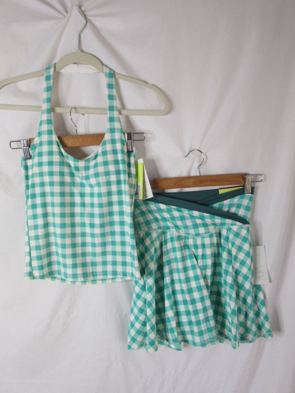 All in Motion 2 Piece Active Set Skort Halter Green White Gingham Size XS NWT